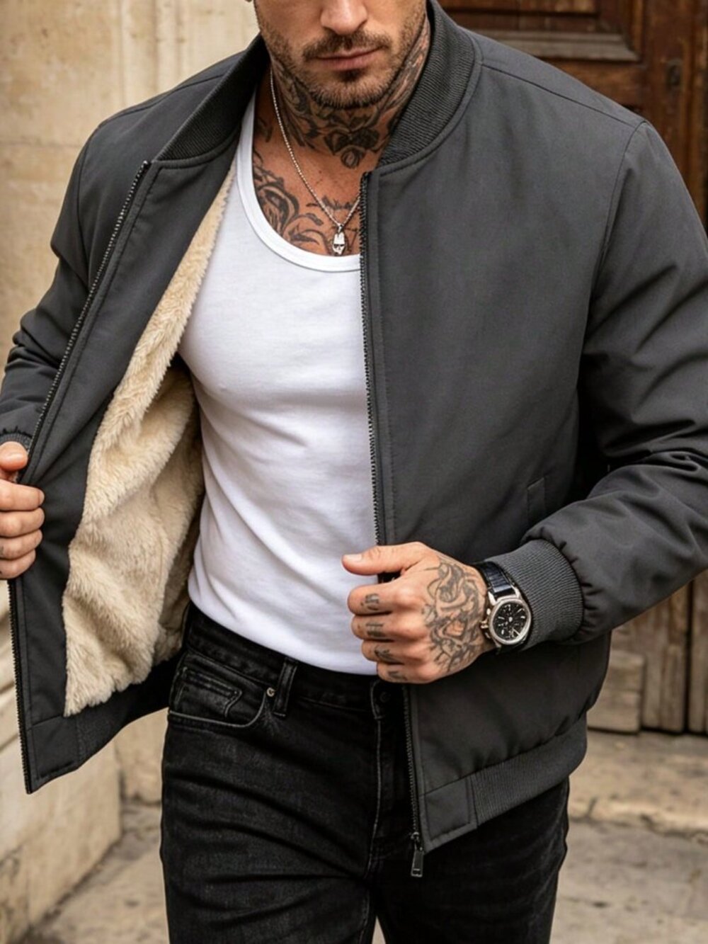 Dark Grey Casual Men's Regular Fit Thermal-Lined Collar Bomber Jacket - Picture 3 of 5
